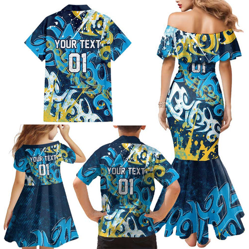 Personalized Gold Coast Titans Rugby Family Matching Mermaid Dress and Hawaiian Shirt Urban Street Graffiti Style - Distressed Splatter Elements
