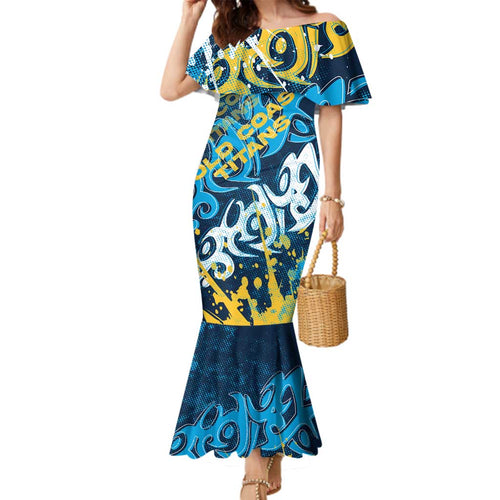 Personalized Gold Coast Titans Rugby Family Matching Mermaid Dress and Hawaiian Shirt Urban Street Graffiti Style - Distressed Splatter Elements