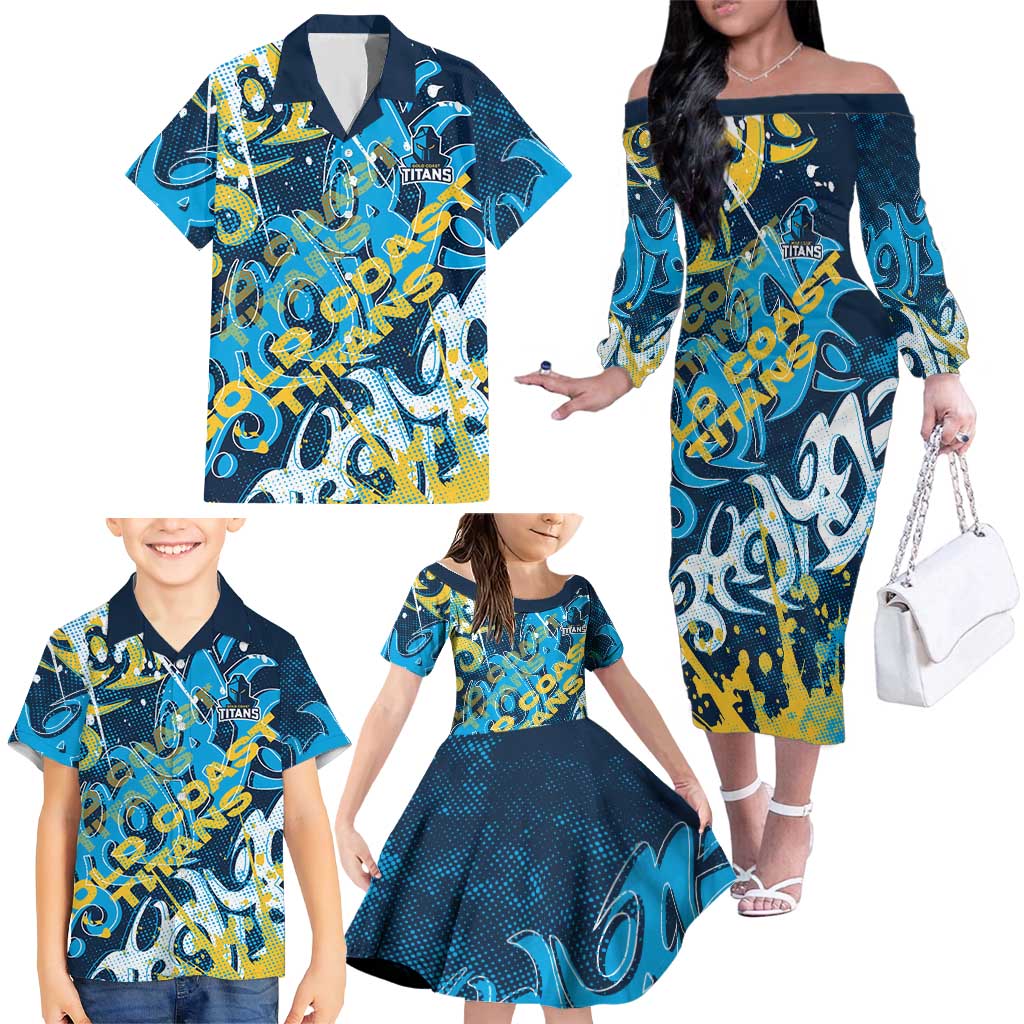 Personalized Gold Coast Titans Rugby Family Matching Off The Shoulder Long Sleeve Dress and Hawaiian Shirt Urban Street Graffiti Style - Distressed Splatter Elements