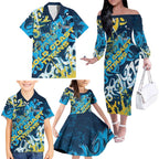 Personalized Gold Coast Titans Rugby Family Matching Off The Shoulder Long Sleeve Dress and Hawaiian Shirt Urban Street Graffiti Style - Distressed Splatter Elements