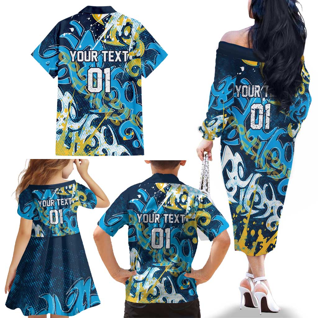 Personalized Gold Coast Titans Rugby Family Matching Off The Shoulder Long Sleeve Dress and Hawaiian Shirt Urban Street Graffiti Style - Distressed Splatter Elements