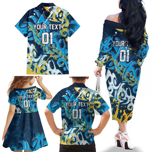 Personalized Gold Coast Titans Rugby Family Matching Off The Shoulder Long Sleeve Dress and Hawaiian Shirt Urban Street Graffiti Style - Distressed Splatter Elements
