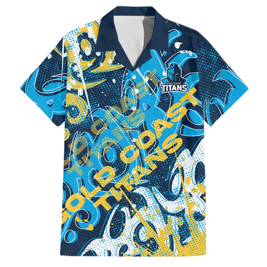 Personalized Gold Coast Titans Rugby Family Matching Off The Shoulder Long Sleeve Dress and Hawaiian Shirt Urban Street Graffiti Style - Distressed Splatter Elements