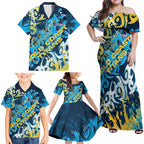 Personalized Gold Coast Titans Rugby Family Matching Off Shoulder Maxi Dress and Hawaiian Shirt Urban Street Graffiti Style - Distressed Splatter Elements