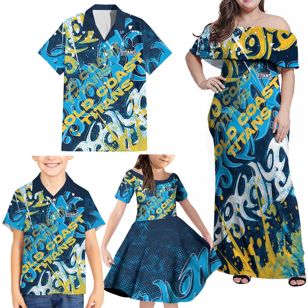 Personalized Gold Coast Titans Rugby Family Matching Off Shoulder Maxi Dress and Hawaiian Shirt Urban Street Graffiti Style - Distressed Splatter Elements