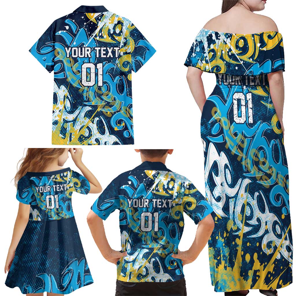 Personalized Gold Coast Titans Rugby Family Matching Off Shoulder Maxi Dress and Hawaiian Shirt Urban Street Graffiti Style - Distressed Splatter Elements