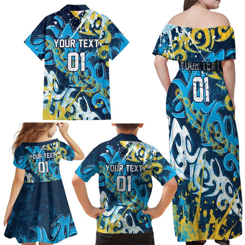 Personalized Gold Coast Titans Rugby Family Matching Off Shoulder Maxi Dress and Hawaiian Shirt Urban Street Graffiti Style - Distressed Splatter Elements