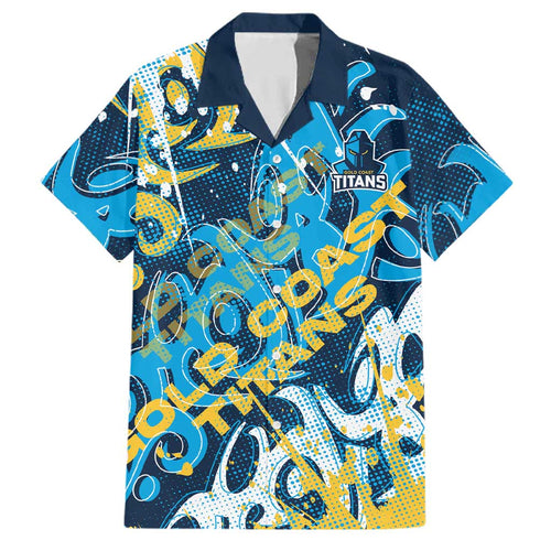 Personalized Gold Coast Titans Rugby Family Matching Off Shoulder Maxi Dress and Hawaiian Shirt Urban Street Graffiti Style - Distressed Splatter Elements