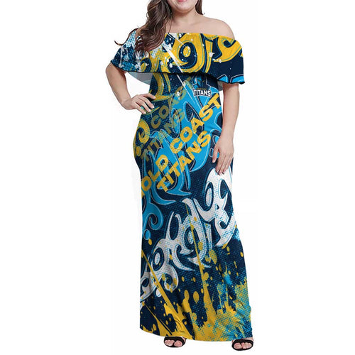 Personalized Gold Coast Titans Rugby Family Matching Off Shoulder Maxi Dress and Hawaiian Shirt Urban Street Graffiti Style - Distressed Splatter Elements