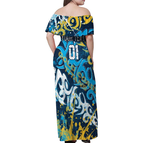Personalized Gold Coast Titans Rugby Family Matching Off Shoulder Maxi Dress and Hawaiian Shirt Urban Street Graffiti Style - Distressed Splatter Elements