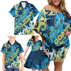Personalized Gold Coast Titans Rugby Family Matching Off Shoulder Short Dress and Hawaiian Shirt Urban Street Graffiti Style - Distressed Splatter Elements