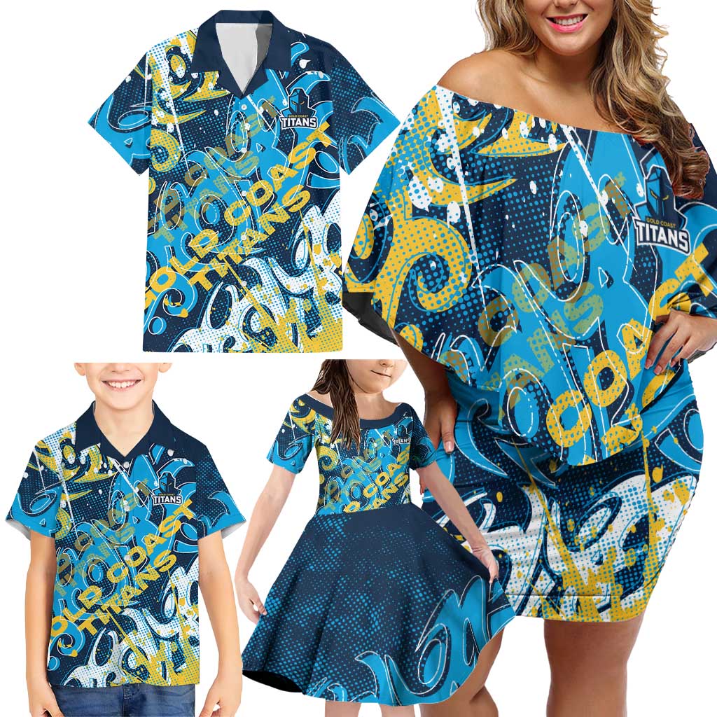 Personalized Gold Coast Titans Rugby Family Matching Off Shoulder Short Dress and Hawaiian Shirt Urban Street Graffiti Style - Distressed Splatter Elements