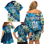 Personalized Gold Coast Titans Rugby Family Matching Off Shoulder Short Dress and Hawaiian Shirt Urban Street Graffiti Style - Distressed Splatter Elements