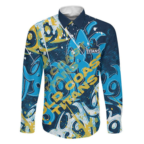 Personalized Gold Coast Titans Rugby Family Matching Off Shoulder Short Dress and Hawaiian Shirt Urban Street Graffiti Style - Distressed Splatter Elements