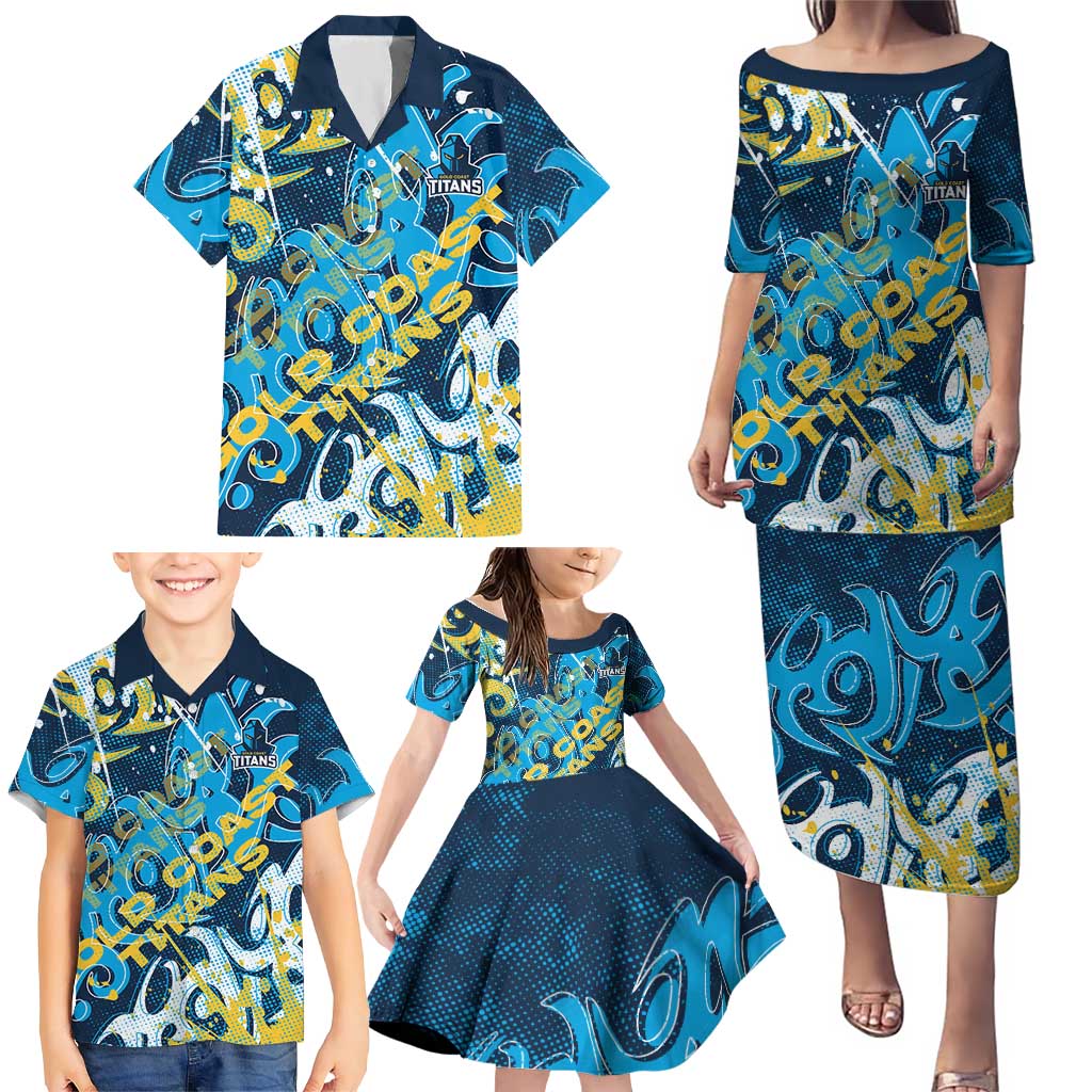 Personalized Gold Coast Titans Rugby Family Matching Puletasi and Hawaiian Shirt Urban Street Graffiti Style - Distressed Splatter Elements