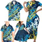 Personalized Gold Coast Titans Rugby Family Matching Short Sleeve Bodycon Dress and Hawaiian Shirt Urban Street Graffiti Style - Distressed Splatter Elements