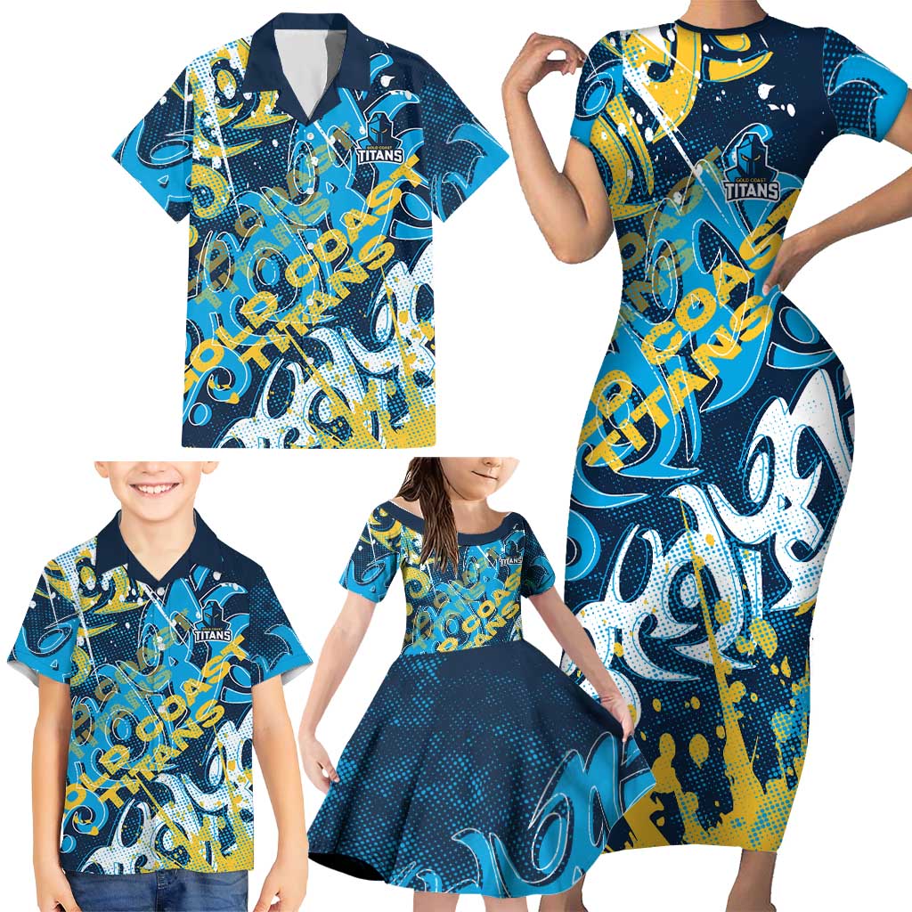 Personalized Gold Coast Titans Rugby Family Matching Short Sleeve Bodycon Dress and Hawaiian Shirt Urban Street Graffiti Style - Distressed Splatter Elements