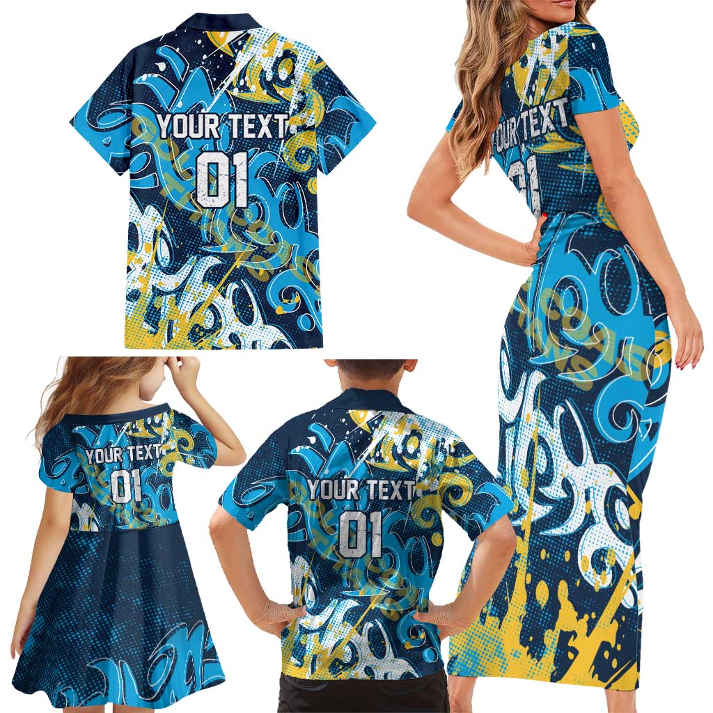 Personalized Gold Coast Titans Rugby Family Matching Short Sleeve Bodycon Dress and Hawaiian Shirt Urban Street Graffiti Style - Distressed Splatter Elements