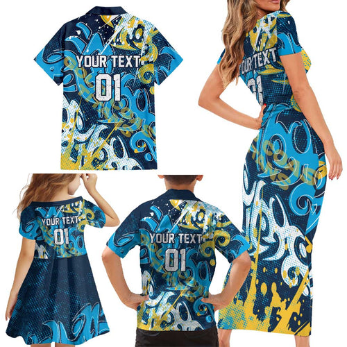 Personalized Gold Coast Titans Rugby Family Matching Short Sleeve Bodycon Dress and Hawaiian Shirt Urban Street Graffiti Style - Distressed Splatter Elements