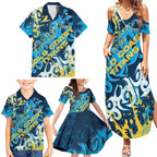 Personalized Gold Coast Titans Rugby Family Matching Summer Maxi Dress and Hawaiian Shirt Urban Street Graffiti Style - Distressed Splatter Elements