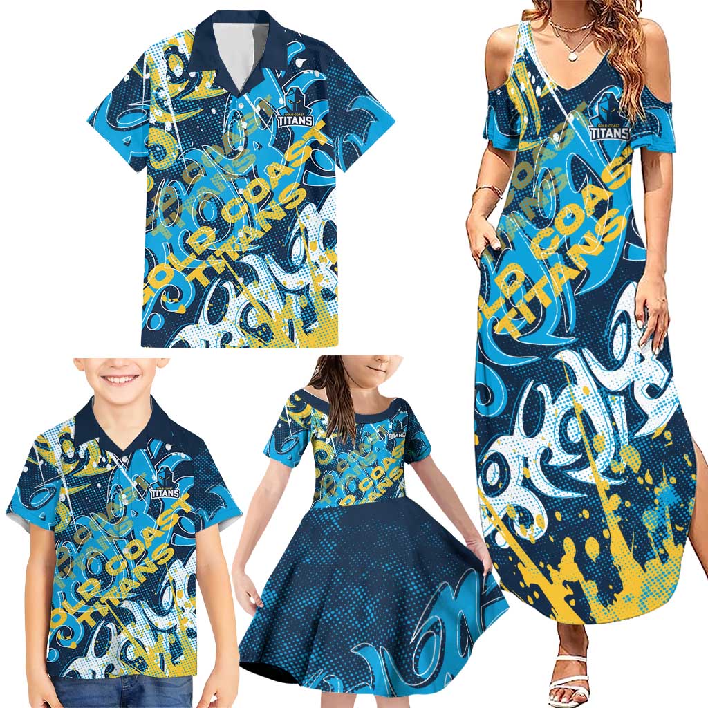 Personalized Gold Coast Titans Rugby Family Matching Summer Maxi Dress and Hawaiian Shirt Urban Street Graffiti Style - Distressed Splatter Elements
