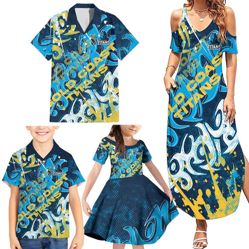 Personalized Gold Coast Titans Rugby Family Matching Summer Maxi Dress and Hawaiian Shirt Urban Street Graffiti Style - Distressed Splatter Elements