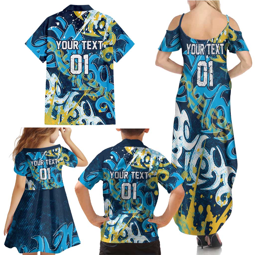 Personalized Gold Coast Titans Rugby Family Matching Summer Maxi Dress and Hawaiian Shirt Urban Street Graffiti Style - Distressed Splatter Elements