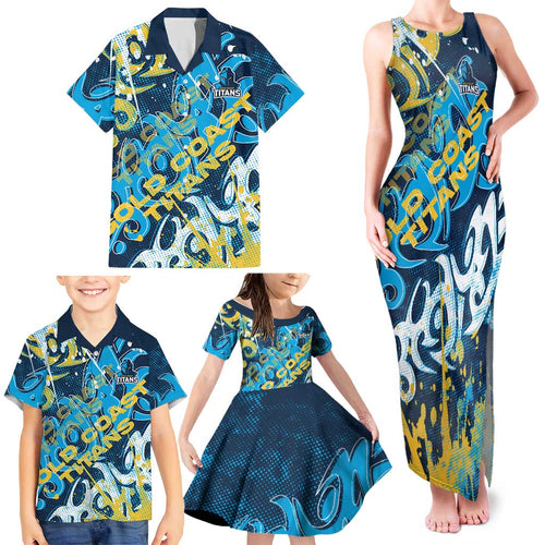 Personalized Gold Coast Titans Rugby Family Matching Tank Maxi Dress and Hawaiian Shirt Urban Street Graffiti Style - Distressed Splatter Elements
