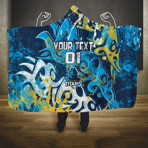 Personalized Gold Coast Titans Rugby Hooded Blanket Urban Street Graffiti Style - Distressed Splatter Elements