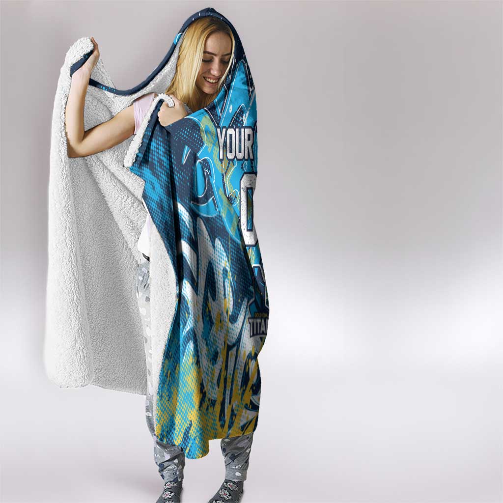 Personalized Gold Coast Titans Rugby Hooded Blanket Urban Street Graffiti Style - Distressed Splatter Elements