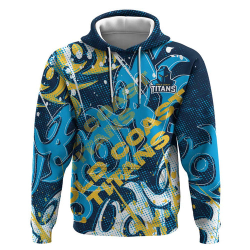 Personalized Gold Coast Titans Rugby Hoodie Urban Street Graffiti Style - Distressed Splatter Elements