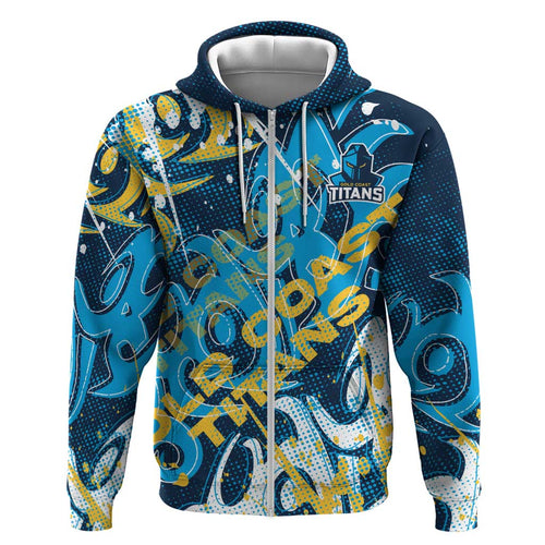 Personalized Gold Coast Titans Rugby Hoodie Urban Street Graffiti Style - Distressed Splatter Elements