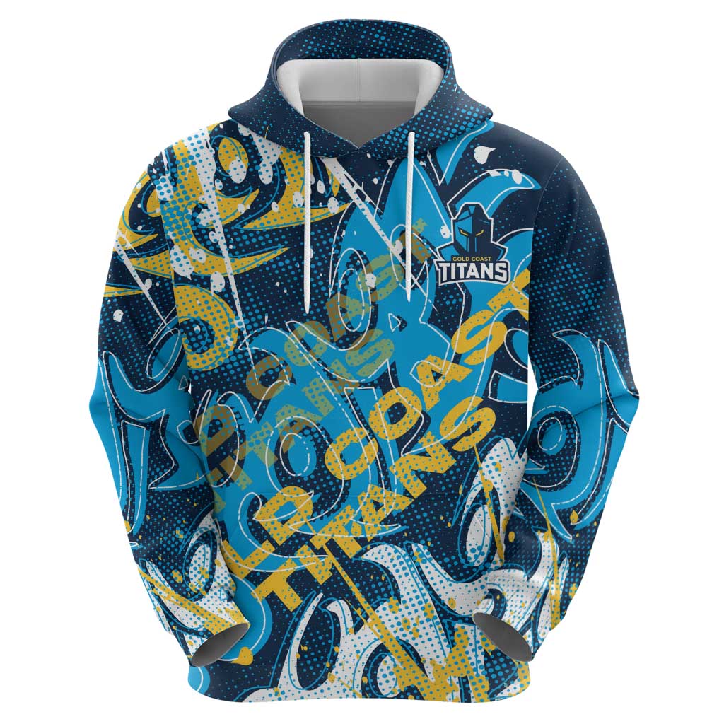 Personalized Gold Coast Titans Rugby Hoodie Urban Street Graffiti Style - Distressed Splatter Elements