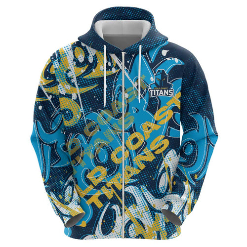 Personalized Gold Coast Titans Rugby Hoodie Urban Street Graffiti Style - Distressed Splatter Elements