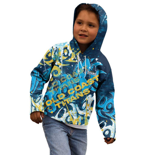 Personalized Gold Coast Titans Rugby Kid Hoodie Urban Street Graffiti Style - Distressed Splatter Elements