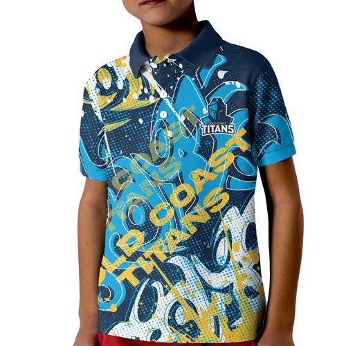 Personalized Gold Coast Titans Rugby Kid Polo Shirt Urban Street Graffiti Style - Distressed Splatter Elements