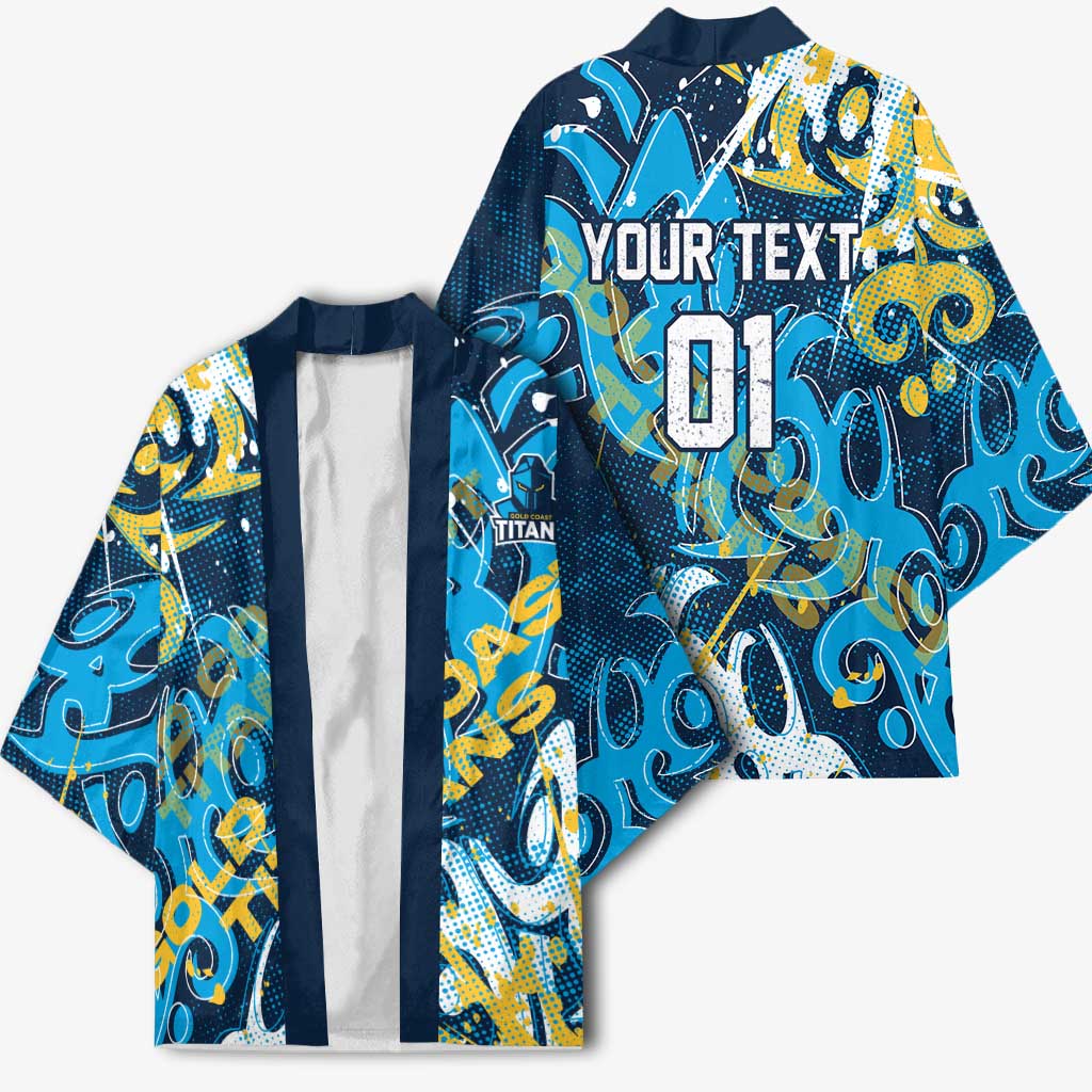 Personalized Gold Coast Titans Rugby Kimono Urban Street Graffiti Style - Distressed Splatter Elements
