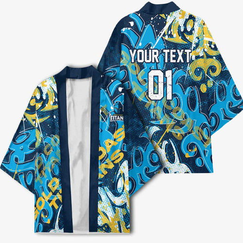Personalized Gold Coast Titans Rugby Kimono Urban Street Graffiti Style - Distressed Splatter Elements