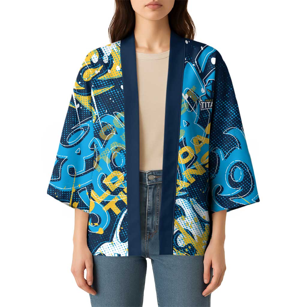 Personalized Gold Coast Titans Rugby Kimono Urban Street Graffiti Style - Distressed Splatter Elements