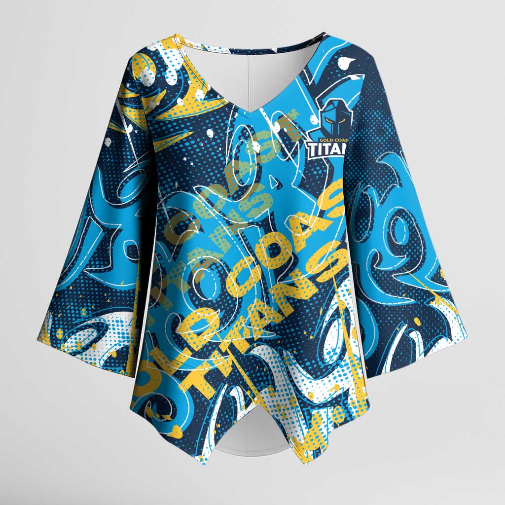 Personalized Gold Coast Titans Rugby Kimono Sleeve Blouse Urban Street Graffiti Style - Distressed Splatter Elements