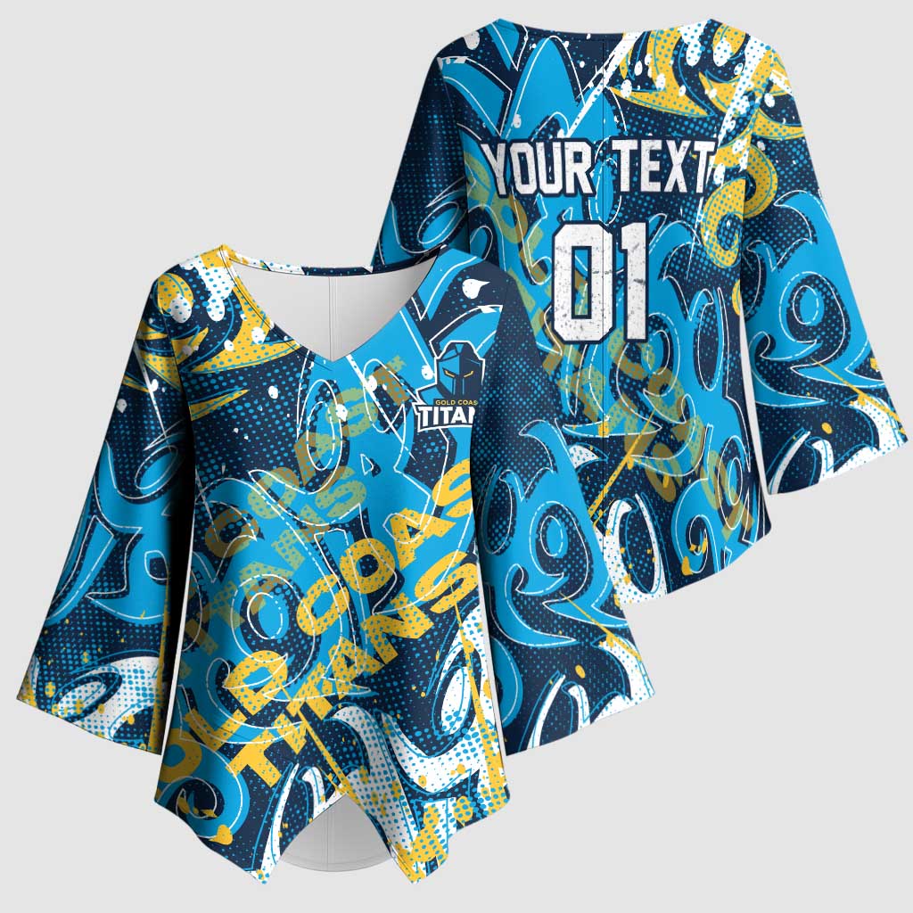 Personalized Gold Coast Titans Rugby Kimono Sleeve Blouse Urban Street Graffiti Style - Distressed Splatter Elements