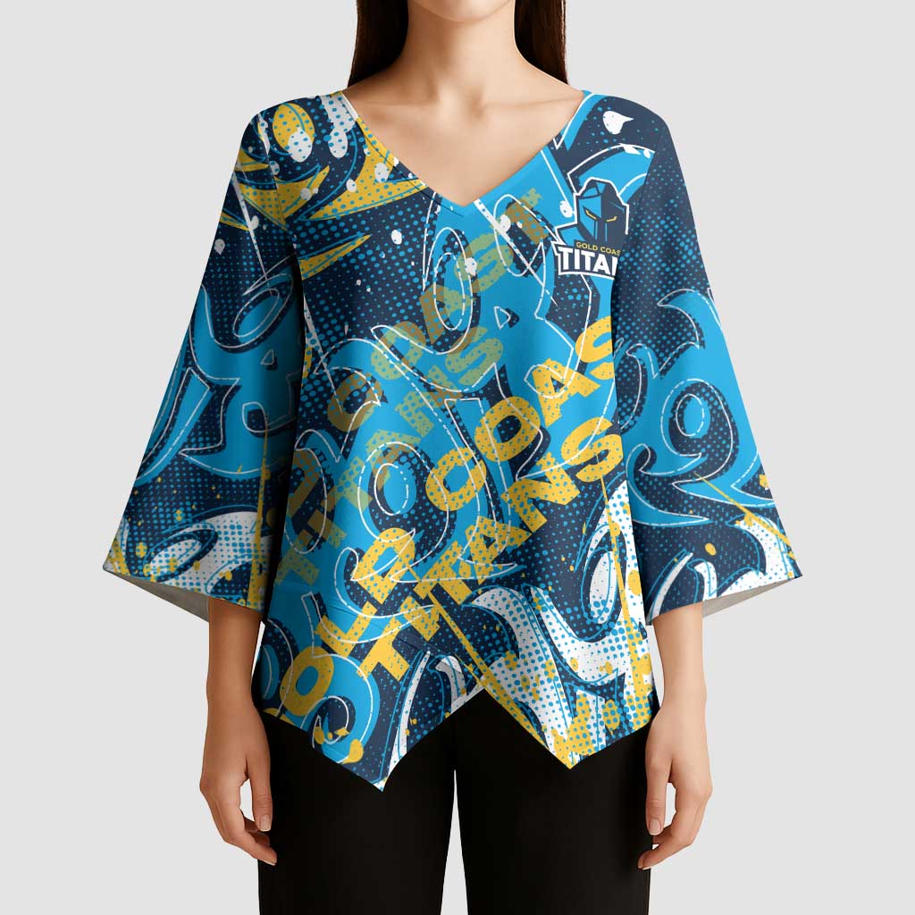Personalized Gold Coast Titans Rugby Kimono Sleeve Blouse Urban Street Graffiti Style - Distressed Splatter Elements