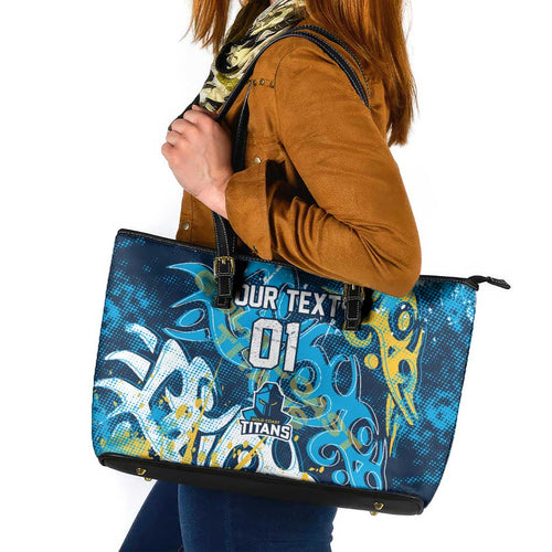 Personalized Gold Coast Titans Rugby Leather Tote Bag Urban Street Graffiti Style - Distressed Splatter Elements
