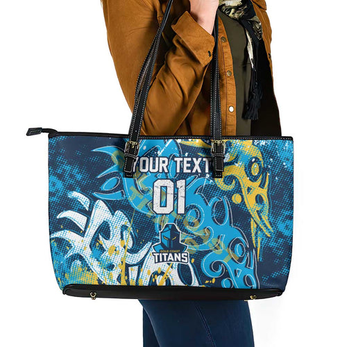 Personalized Gold Coast Titans Rugby Leather Tote Bag Urban Street Graffiti Style - Distressed Splatter Elements