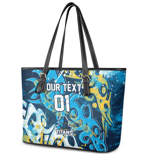 Personalized Gold Coast Titans Rugby Leather Tote Bag Urban Street Graffiti Style - Distressed Splatter Elements