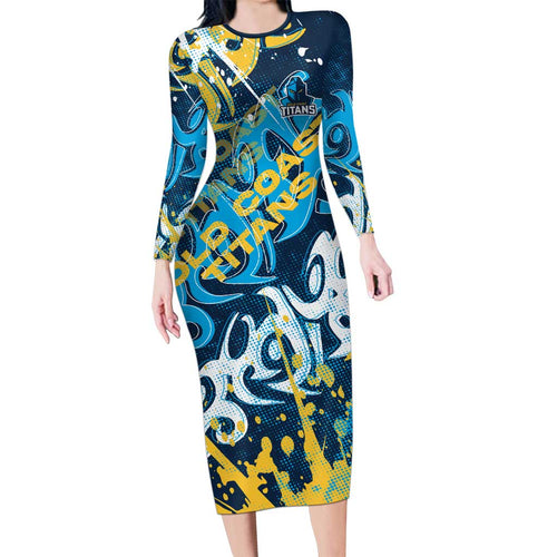 Personalized Gold Coast Titans Rugby Long Sleeve Bodycon Dress Urban Street Graffiti Style - Distressed Splatter Elements