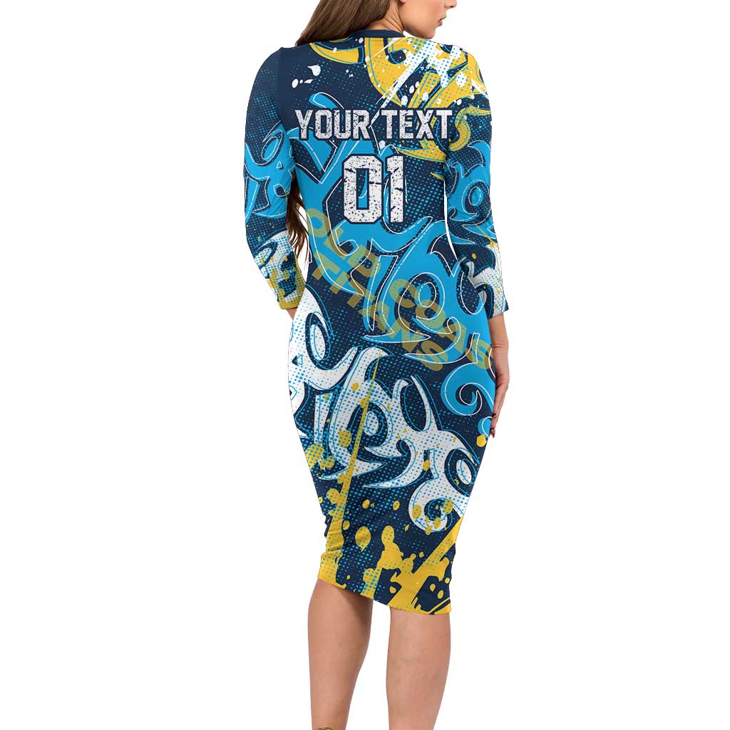 Personalized Gold Coast Titans Rugby Long Sleeve Bodycon Dress Urban Street Graffiti Style - Distressed Splatter Elements