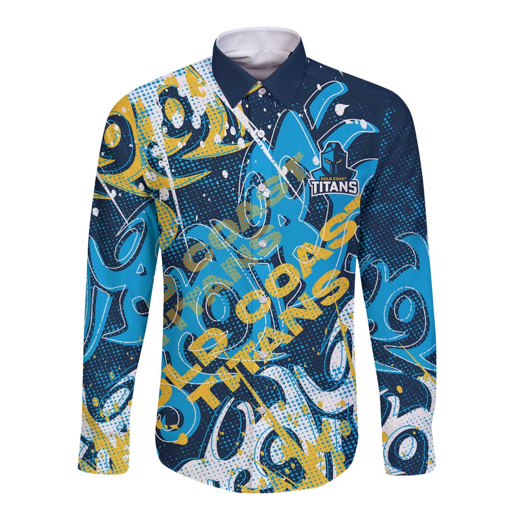 Personalized Gold Coast Titans Rugby Long Sleeve Button Shirt Urban Street Graffiti Style - Distressed Splatter Elements