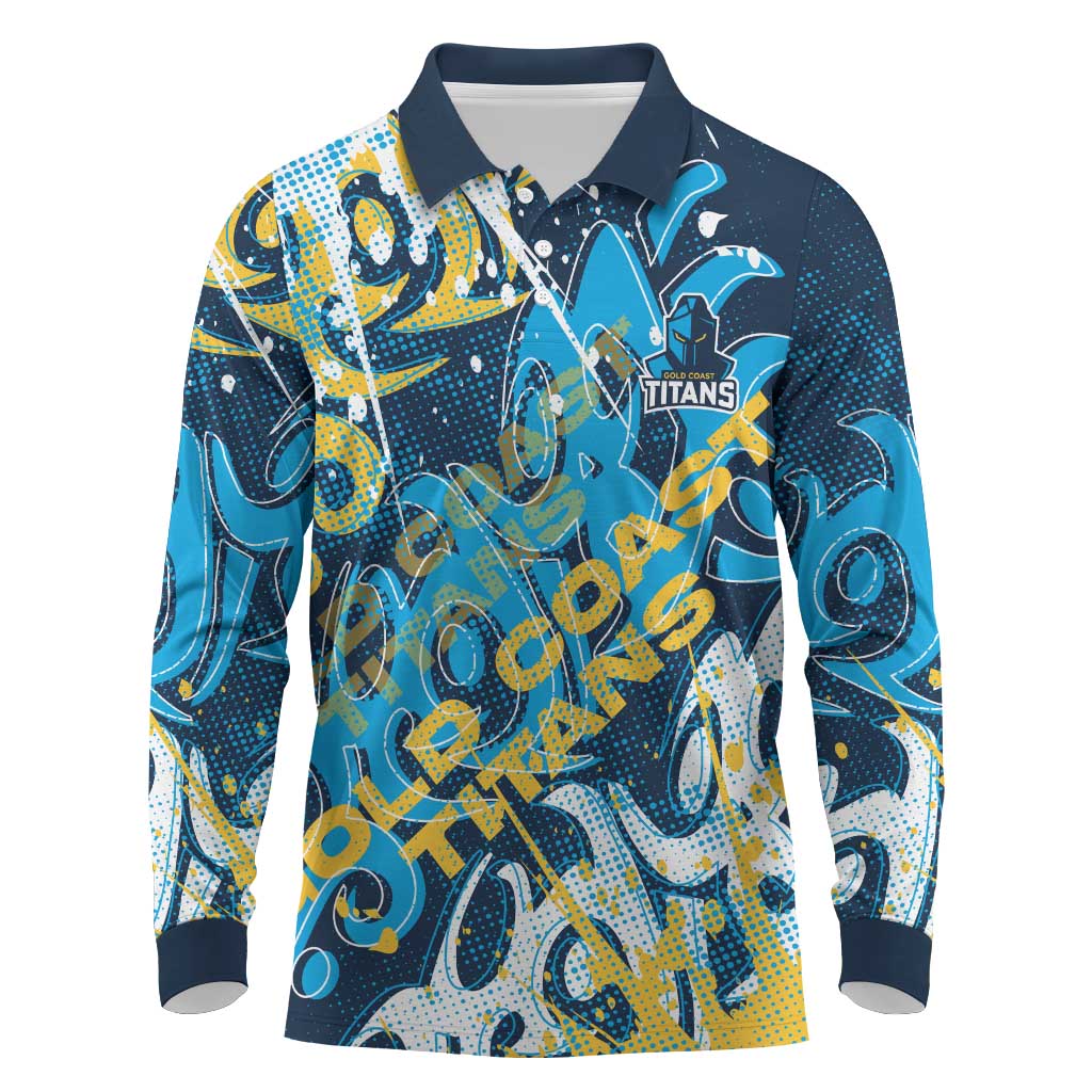 Personalized Gold Coast Titans Rugby Long Sleeve Polo Shirt Urban Street Graffiti Style - Distressed Splatter Elements