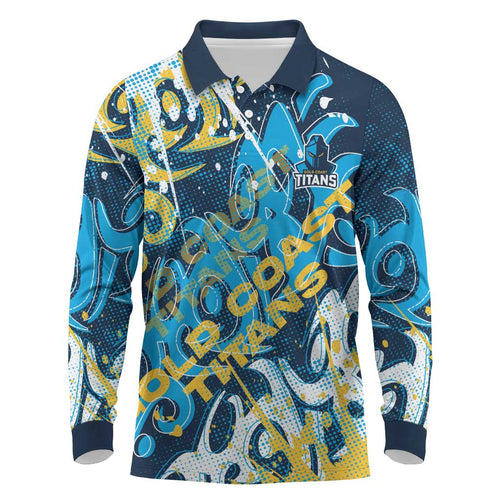 Personalized Gold Coast Titans Rugby Long Sleeve Polo Shirt Urban Street Graffiti Style - Distressed Splatter Elements